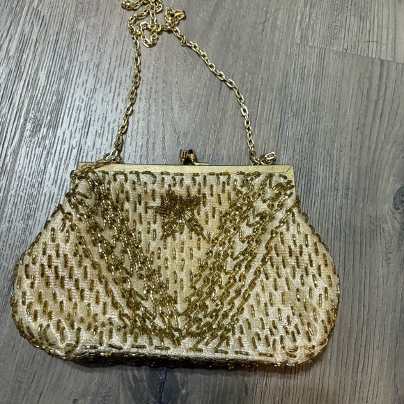 Vtg Gold Beaded Small Cocktail Purse Evening Bag Flapper 20s Satin Lining - Picture 8 of 8